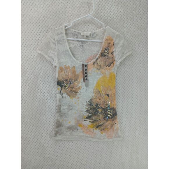 Miss Me Tops - Miss Me Women's Large Embellished Cream Floral Short Sleeve Burnout Tee